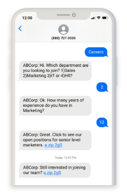 Iphone with a text conversation showing someone inquiring about marketing positions at ABC via SMS messages