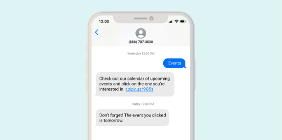 SMS text conversation about event inquiry and event reminder